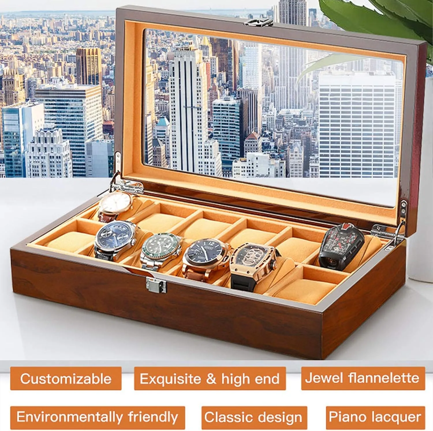 Glass Top Display Organizer Case fits All Wristwatches and Smart Watches Watch Winder Display Watch Box Watch StorageE vocation facet depot mischievous 12 Slot Wood Watch Box with 