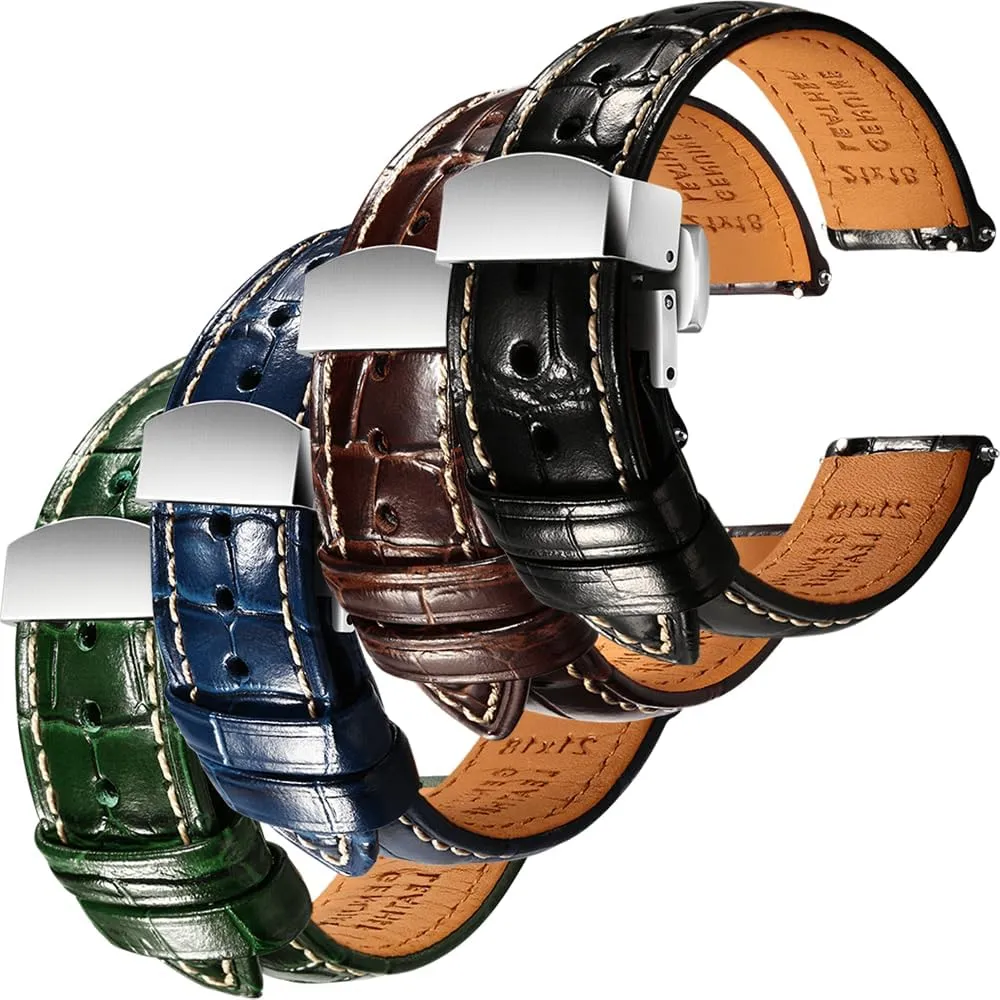 Grain Embossed Watch Straps - sidewalk glacial nonnative ornithology Set of 4, 20mm REZERO Black/Brown/Blue/Green Handmade Quick-Release Alligator 