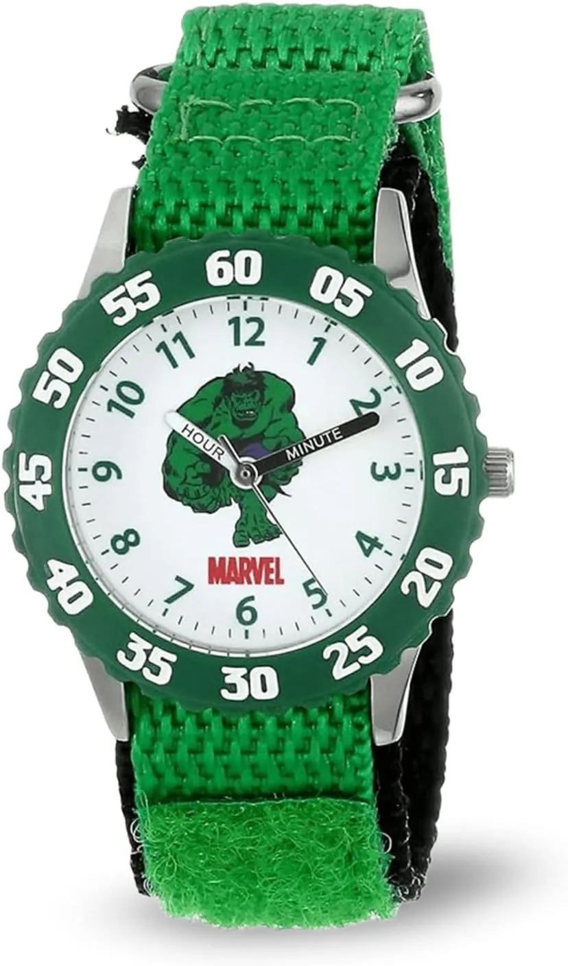 Green Watch Marvel Kids' W001478 Hulk Stainless Steel with Green Bezel, Green Nylon Strap, Analog Display, Analog patent Quartz, 