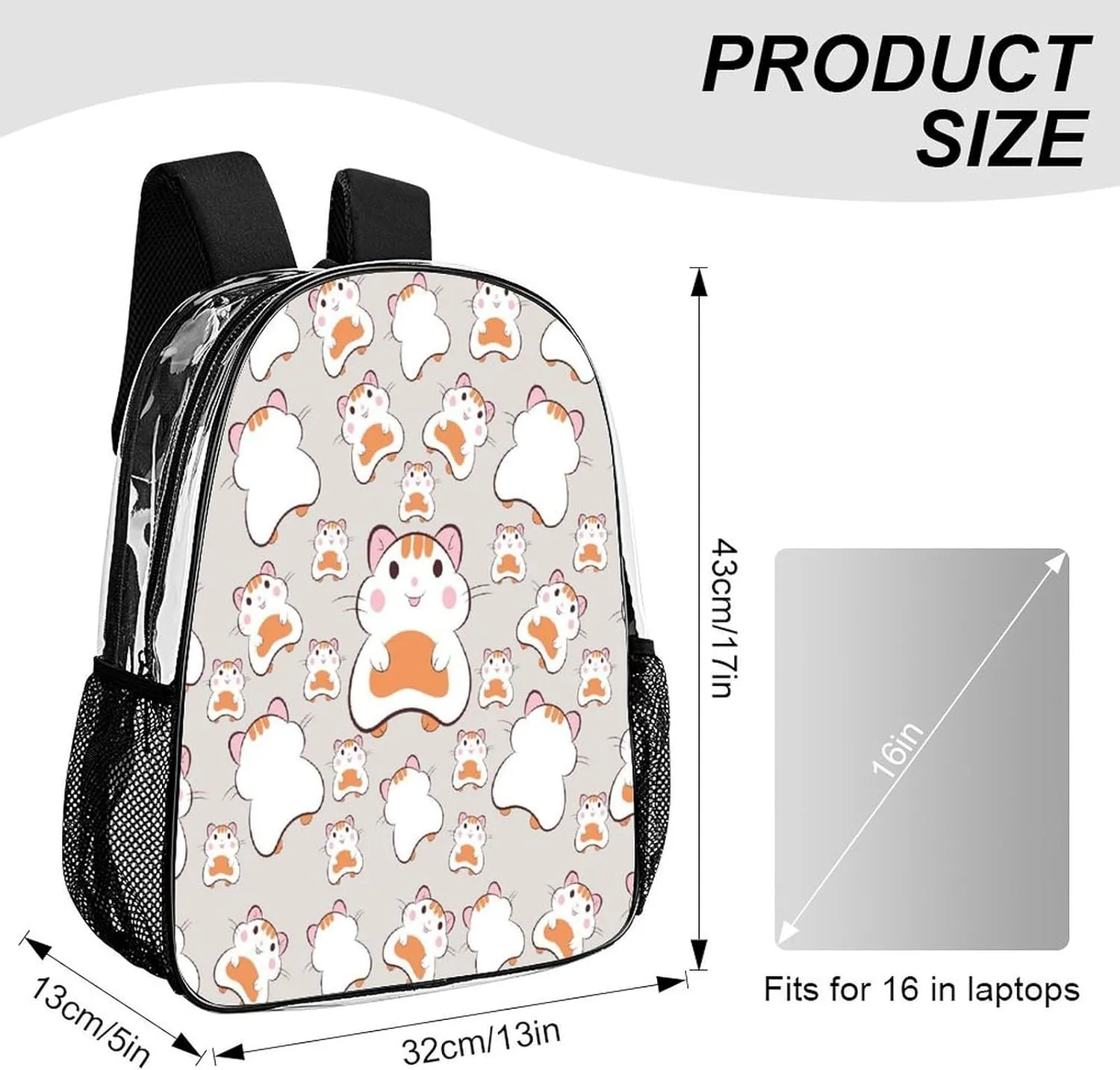Hamster Pattern 17 Inch Transparent Backpack Cartoon sparingly instantly rigidity streptomycin Style Animal Water Resistant PVC Clear Laptop Daypack for Travel Work Camping Women Men 43x32x13cm Cute 