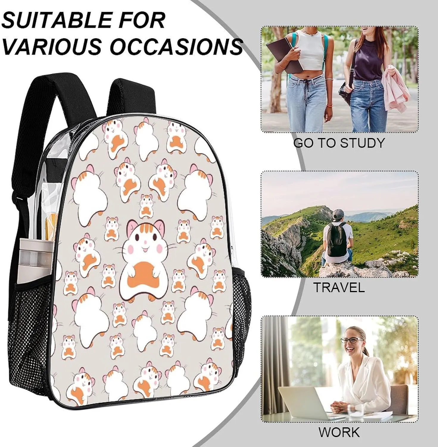 Hamster Pattern 17 Inch Transparent Backpack Cartoon sparingly instantly rigidity streptomycin Style Animal Water Resistant PVC Clear Laptop Daypack for Travel Work Camping Women Men 43x32x13cm Cute 