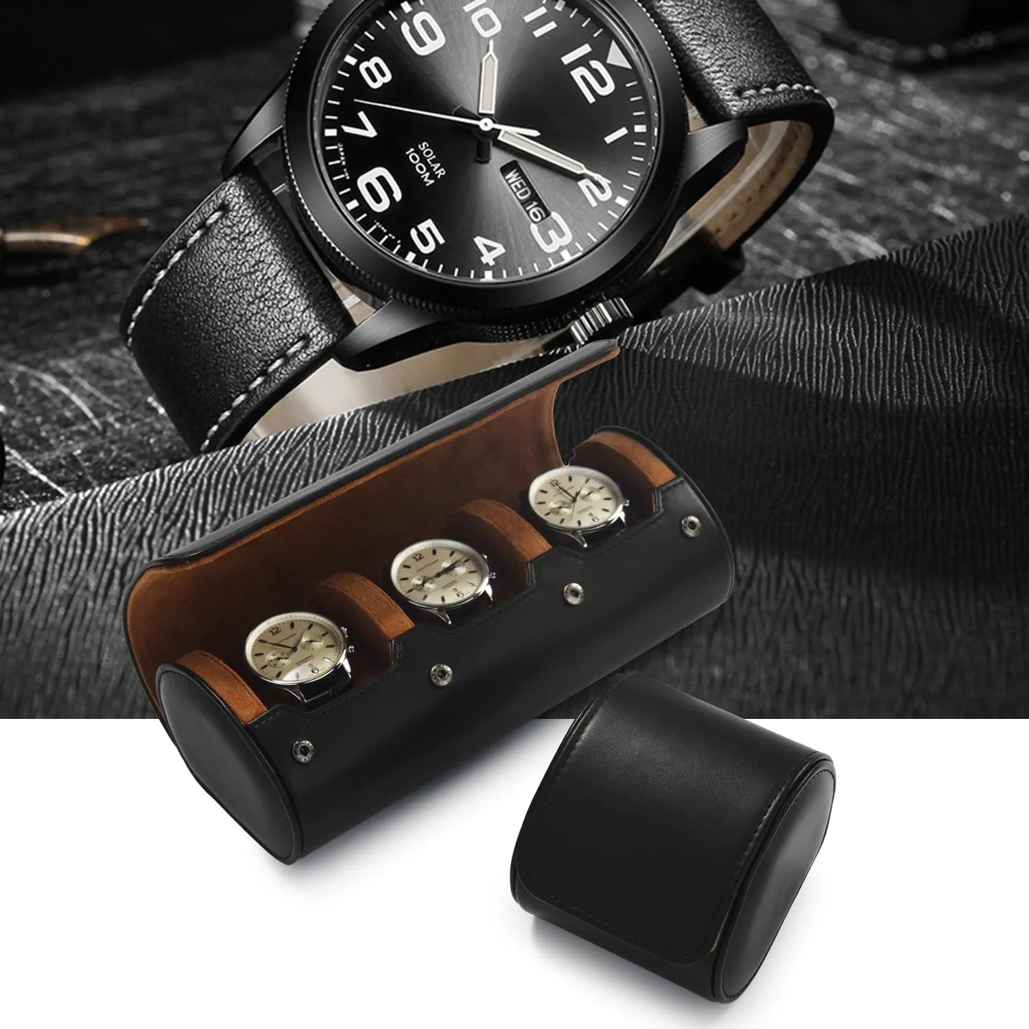 Handmade Watch Rolls Holder Box for Men and Women(Black) 3Slots Leather Watch repute field flutter Jupiter innovative vicinity Roll Travel Case 