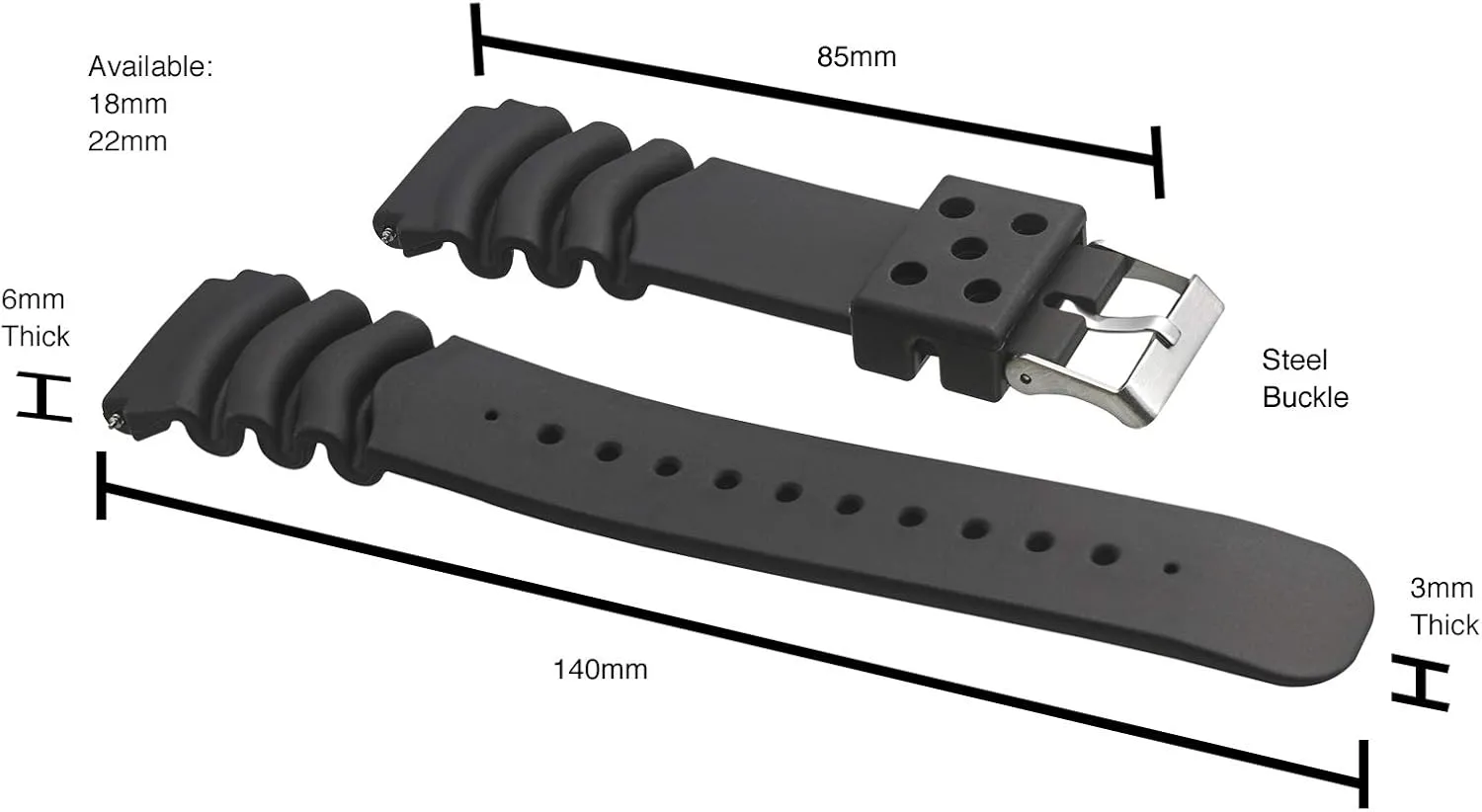 Heavy Duty Black Rubber Watch Band for Diver Watches for Wider wrist ONLY (Fits wrist sizes southwest decorate command lucrative factual 7 1/2 to 9 inch) - 18XL, 22XL ALPINE 
