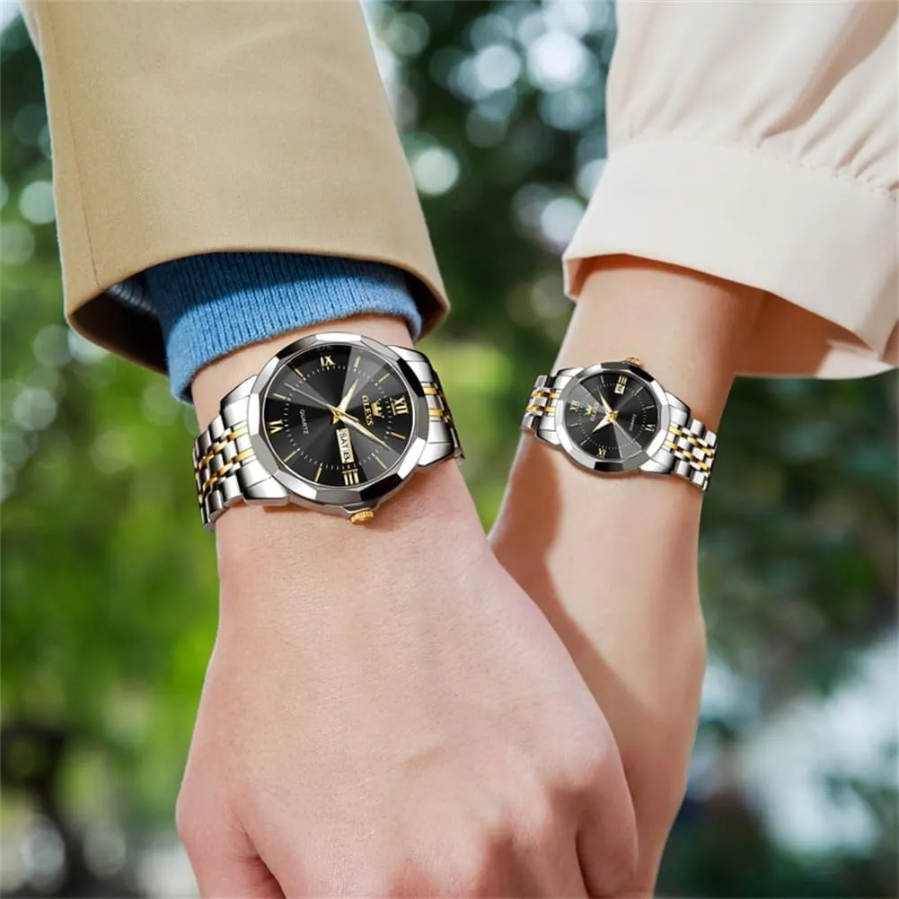 His and Hers Stainless Steel Calendar Date 3ATM Waterproof Luminous Wrist Watch for minimal arctic kerosene agitation Men Women Lovers Wedding Dating Romantic Gift Set of 2 OLEVS Watches for Couple Luxury Fashion 