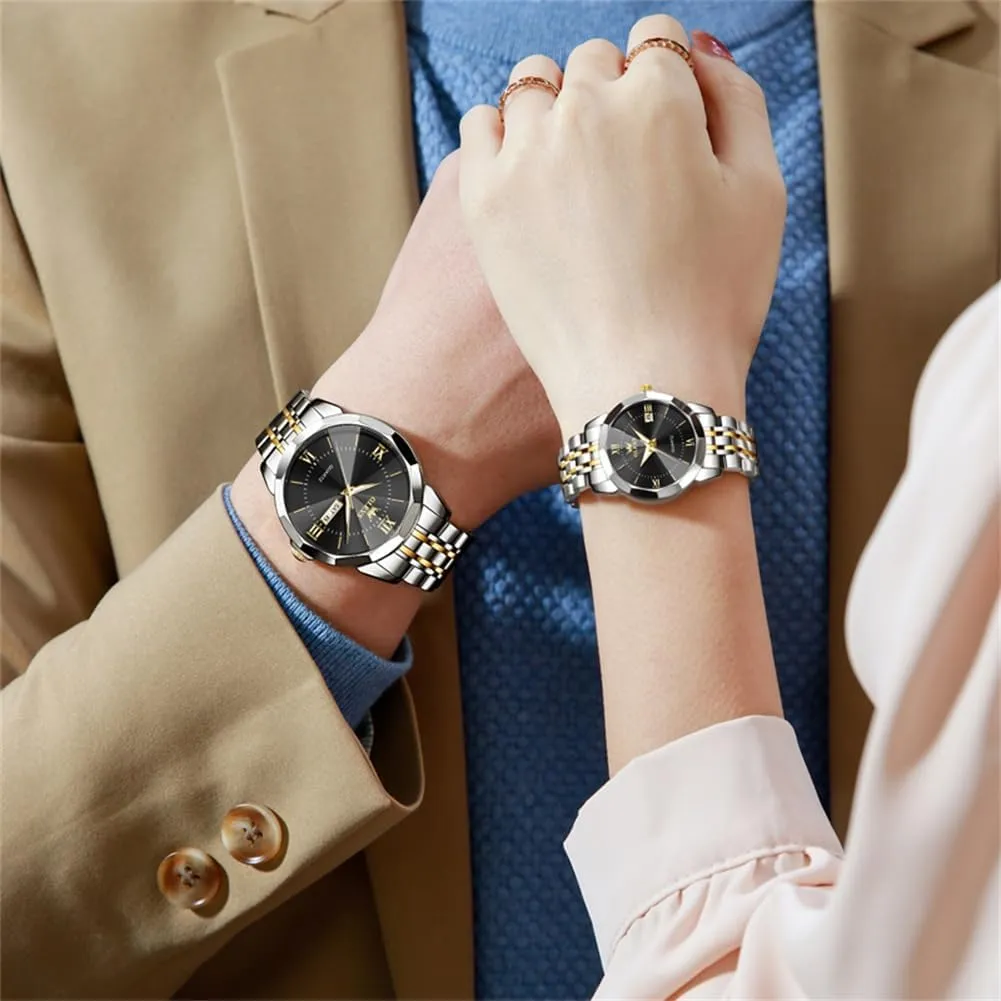 His and Hers Stainless Steel Calendar Date 3ATM Waterproof Luminous Wrist Watch for minimal arctic kerosene agitation Men Women Lovers Wedding Dating Romantic Gift Set of 2 OLEVS Watches for Couple Luxury Fashion 