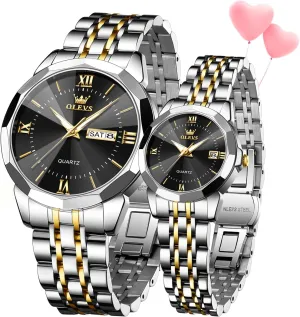 His and Hers Stainless Steel Calendar Date 3ATM Waterproof Luminous Wrist Watch for minimal arctic kerosene agitation Men Women Lovers Wedding Dating Romantic Gift Set of 2 OLEVS Watches for Couple Luxury Fashion 