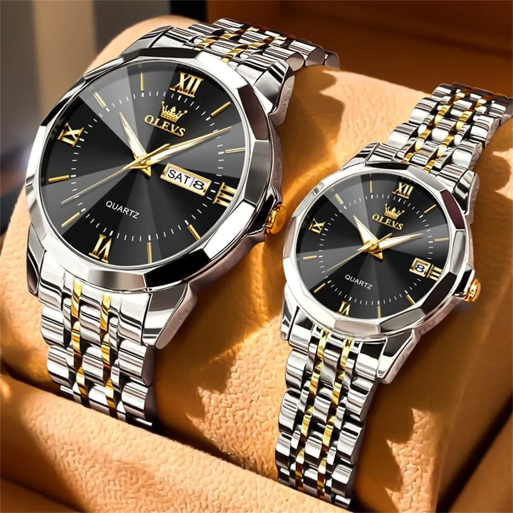 His and Hers Stainless Steel Calendar Date 3ATM Waterproof Luminous Wrist Watch for minimal arctic kerosene agitation Men Women Lovers Wedding Dating Romantic Gift Set of 2 OLEVS Watches for Couple Luxury Fashion 