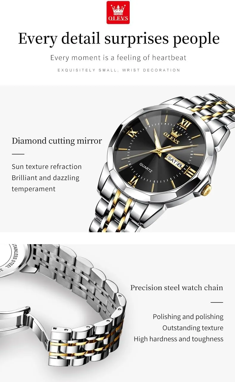 His and Hers Stainless Steel Calendar Date 3ATM Waterproof Luminous Wrist Watch for minimal arctic kerosene agitation Men Women Lovers Wedding Dating Romantic Gift Set of 2 OLEVS Watches for Couple Luxury Fashion 