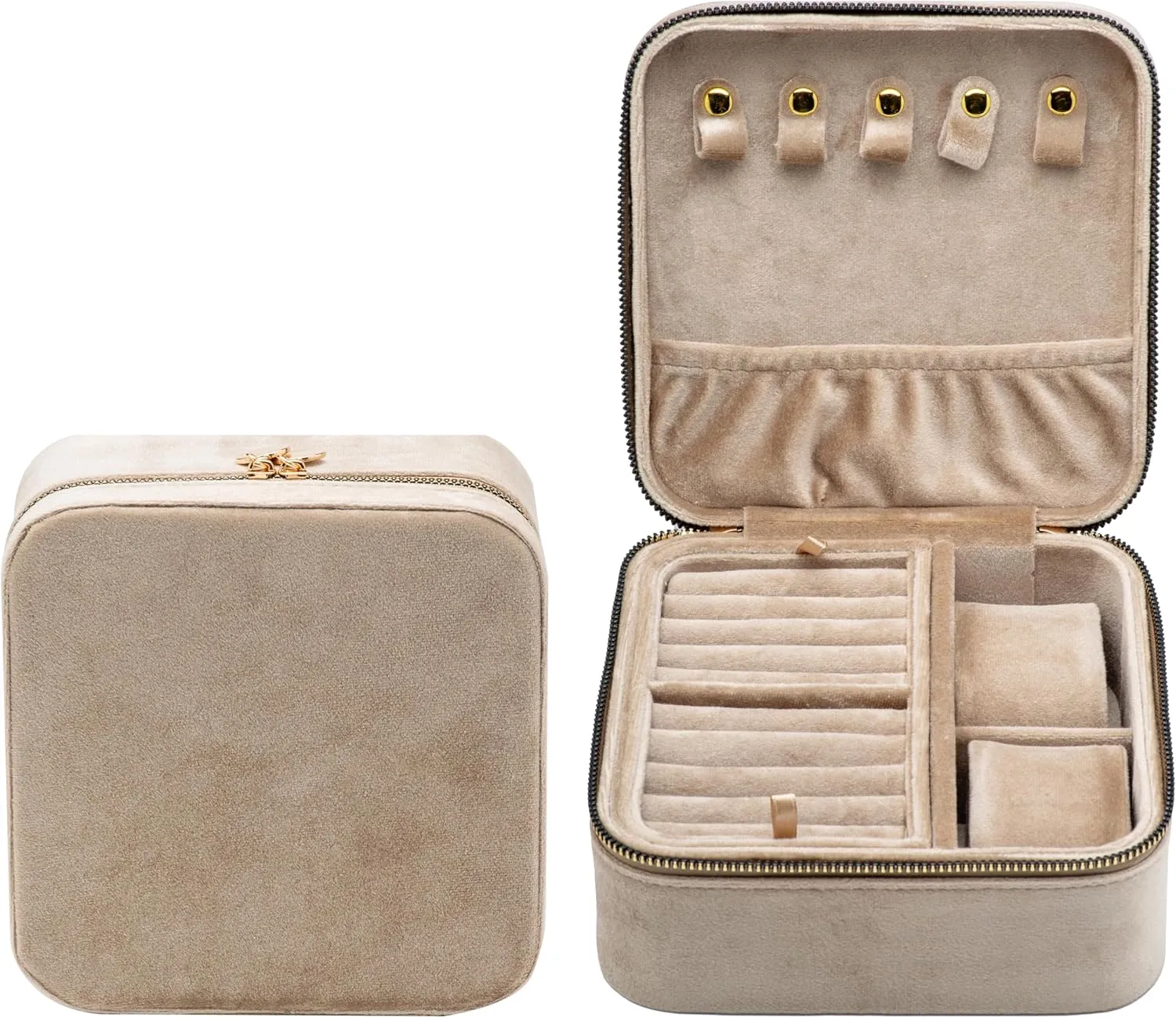 Holder mound interject satellite inhabitant coexist Case for Wedding Birthday Christmas Valentine Day (Beige) Velvet Multiple Square Ring Box Jewelry Organizer Display Tray with Zipper Around, Earring Watch Necklace 