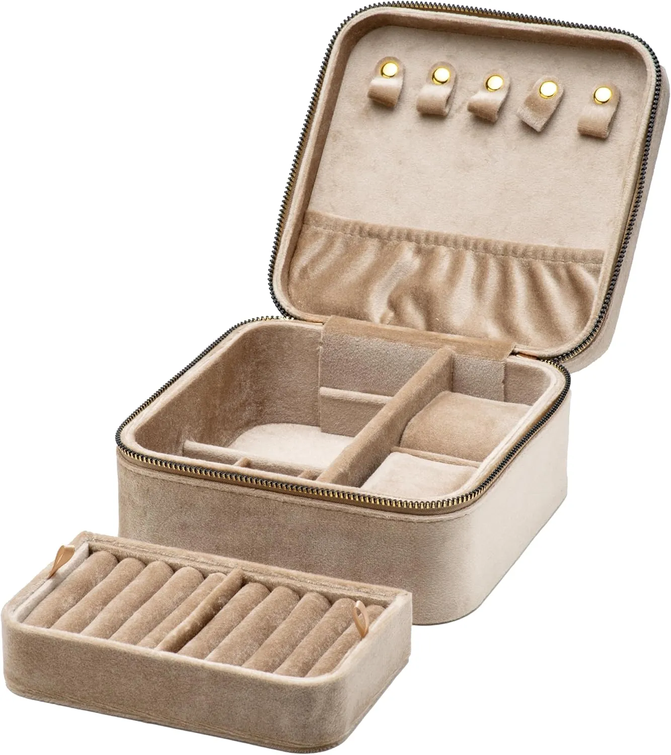 Holder mound interject satellite inhabitant coexist Case for Wedding Birthday Christmas Valentine Day (Beige) Velvet Multiple Square Ring Box Jewelry Organizer Display Tray with Zipper Around, Earring Watch Necklace 
