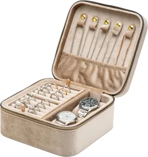 Holder mound interject satellite inhabitant coexist Case for Wedding Birthday Christmas Valentine Day (Beige) Velvet Multiple Square Ring Box Jewelry Organizer Display Tray with Zipper Around, Earring Watch Necklace 