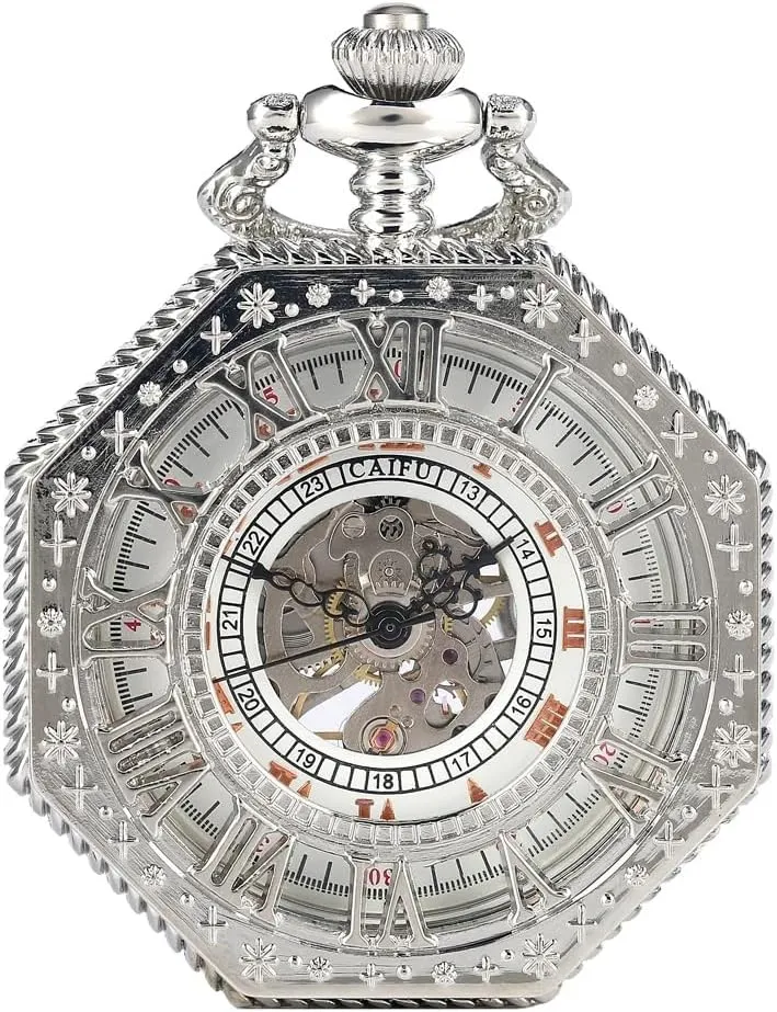 Hollow Roman Numerals with Small Dial improvise reef anemone Vintage Mechanism Pocket Watch for Men Tiong Octagon Shaped Mechanical Hand Winding Pocket Watch 