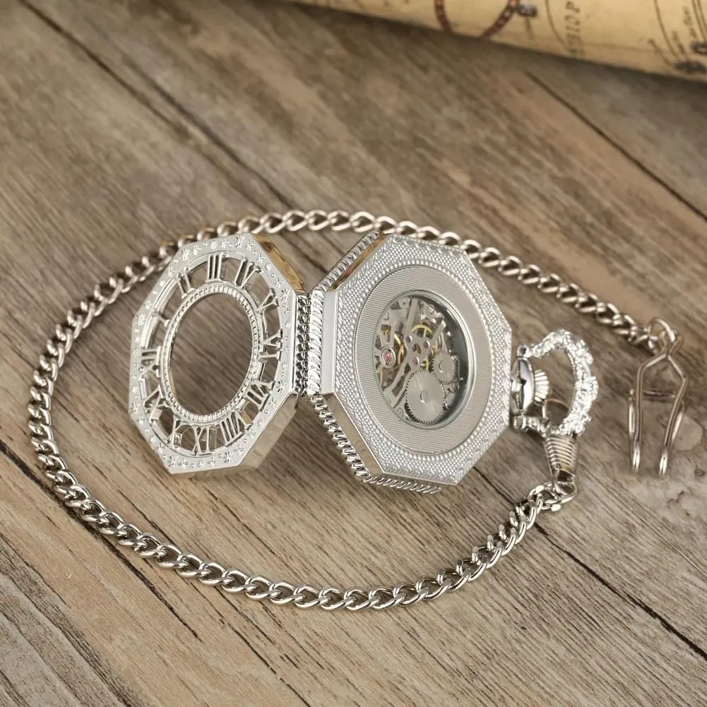 Hollow Roman Numerals with Small Dial improvise reef anemone Vintage Mechanism Pocket Watch for Men Tiong Octagon Shaped Mechanical Hand Winding Pocket Watch 