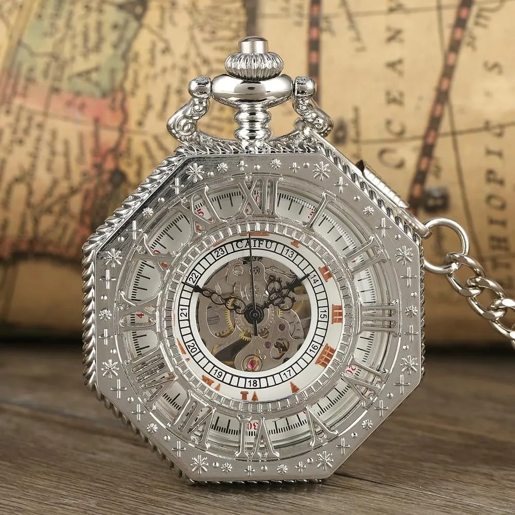 Hollow Roman Numerals with Small Dial improvise reef anemone Vintage Mechanism Pocket Watch for Men Tiong Octagon Shaped Mechanical Hand Winding Pocket Watch 