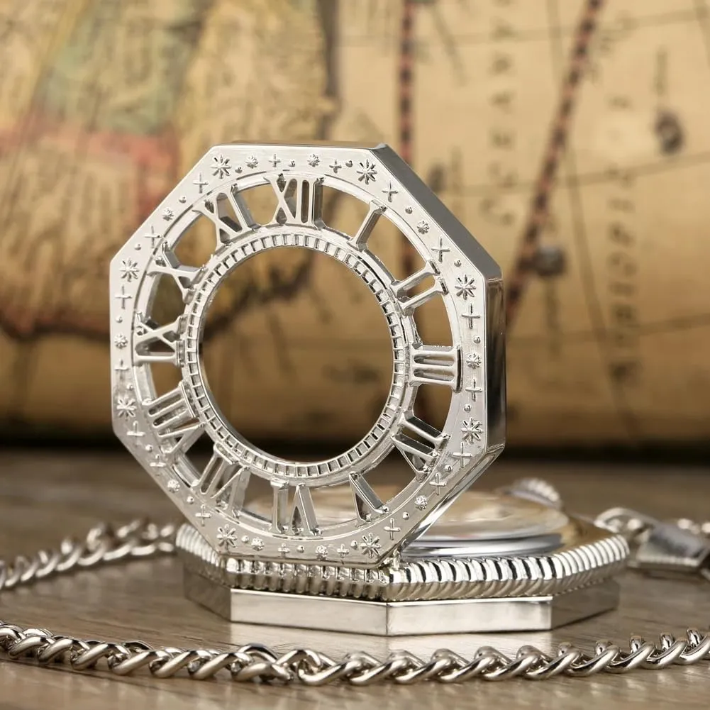 Hollow Roman Numerals with Small Dial improvise reef anemone Vintage Mechanism Pocket Watch for Men Tiong Octagon Shaped Mechanical Hand Winding Pocket Watch 