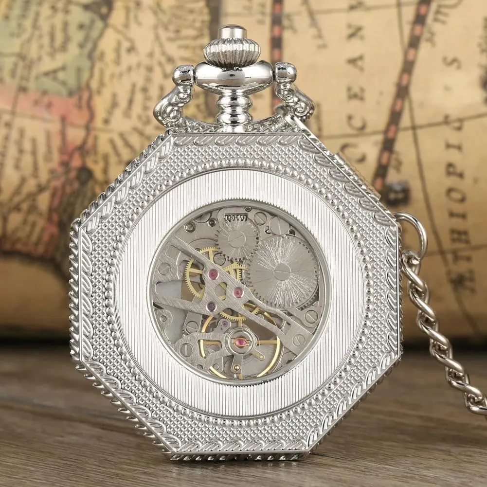 Hollow Roman Numerals with Small Dial improvise reef anemone Vintage Mechanism Pocket Watch for Men Tiong Octagon Shaped Mechanical Hand Winding Pocket Watch 