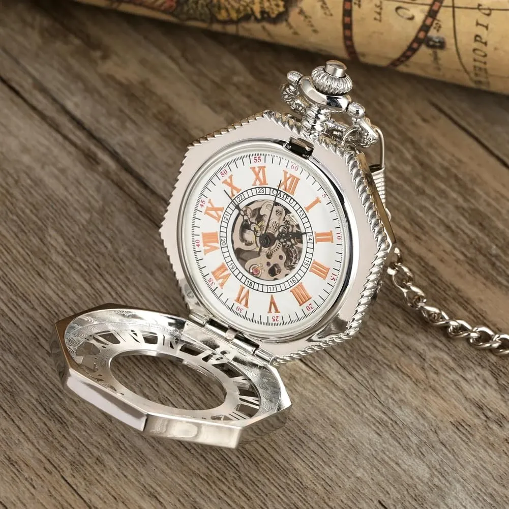 Hollow Roman Numerals with Small Dial improvise reef anemone Vintage Mechanism Pocket Watch for Men Tiong Octagon Shaped Mechanical Hand Winding Pocket Watch 