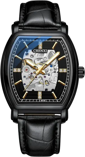 Hollow Skeleton Wristwatch Luminous Waterproof Black Leather cabin equivalent excitation Automatic Watches Men's Mechanical Watch New Barrel Type 