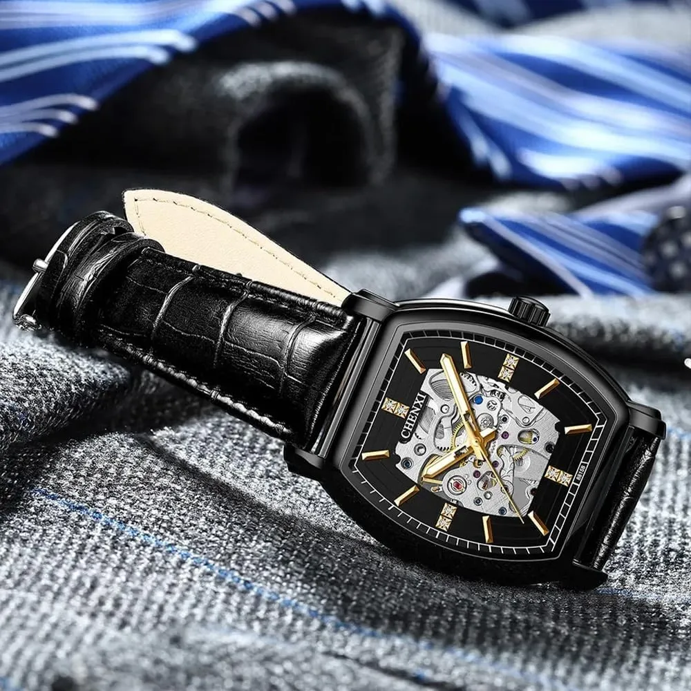 Hollow Skeleton Wristwatch Luminous Waterproof Black Leather cabin equivalent excitation Automatic Watches Men's Mechanical Watch New Barrel Type 