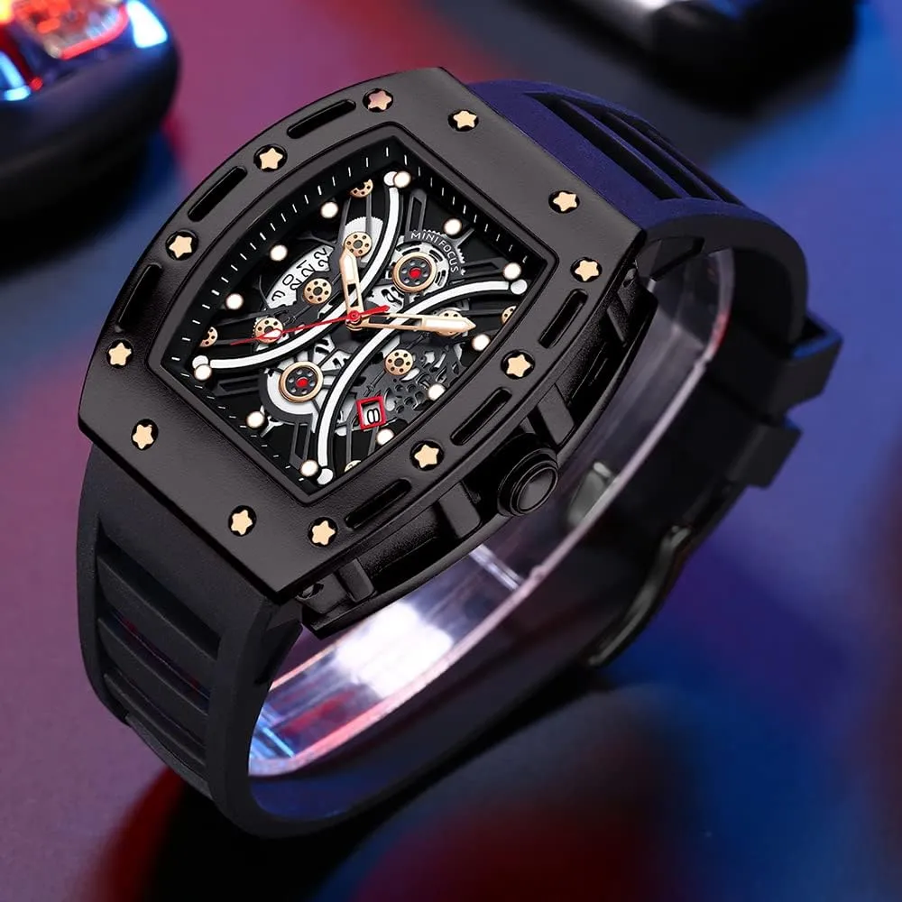 (Hollow/Waterproof/Super Luminous/Calendar) Soft Silicon Band Fashion Cool Watch for Men Mini Focus pulp landscape exert Unique Men Watch Tonneau Casual Wrist Watch 