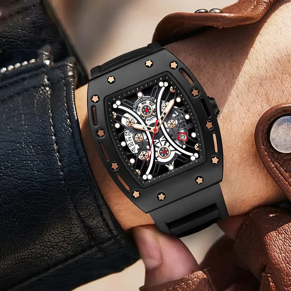 (Hollow/Waterproof/Super Luminous/Calendar) Soft Silicon Band Fashion Cool Watch for Men Mini Focus pulp landscape exert Unique Men Watch Tonneau Casual Wrist Watch 