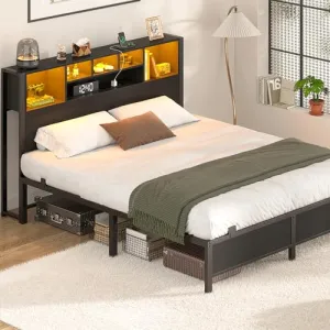 Homieasy Full Size Bed Frame with Bookcase Headboard, LED Lighting & Charging Station - Heavy Duty Metal Platform, No Box Spring Required
