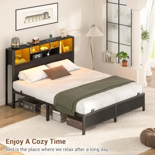 Homieasy Full Size Bed Frame with Bookcase Headboard, LED Lighting & Charging Station - Heavy Duty Metal Platform, No Box Spring Required