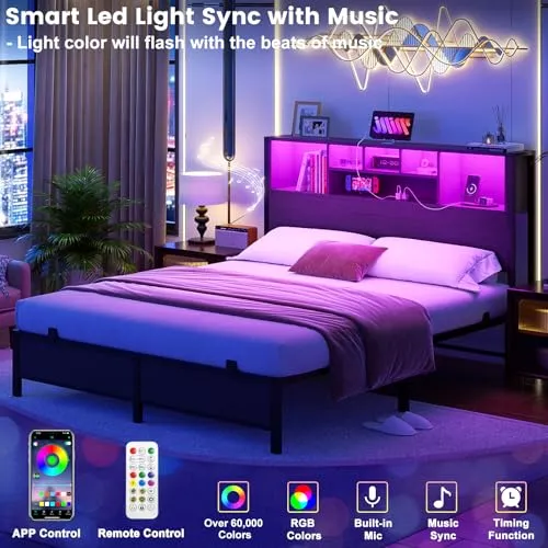 Homieasy Full Size Bed Frame with Bookcase Headboard, LED Lighting & Charging Station - Heavy Duty Metal Platform, No Box Spring Required