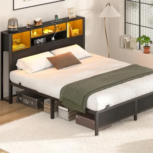 Homieasy Full Size Bed Frame with Bookcase Headboard, LED Lighting & Charging Station - Heavy Duty Metal Platform, No Box Spring Required