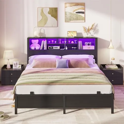 Homieasy Full Size Bed Frame with Bookcase Headboard, LED Lighting & Charging Station - Heavy Duty Metal Platform, No Box Spring Required