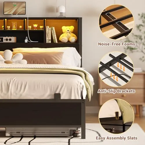Homieasy Full Size Bed Frame with Bookcase Headboard, LED Lighting & Charging Station - Heavy Duty Metal Platform, No Box Spring Required