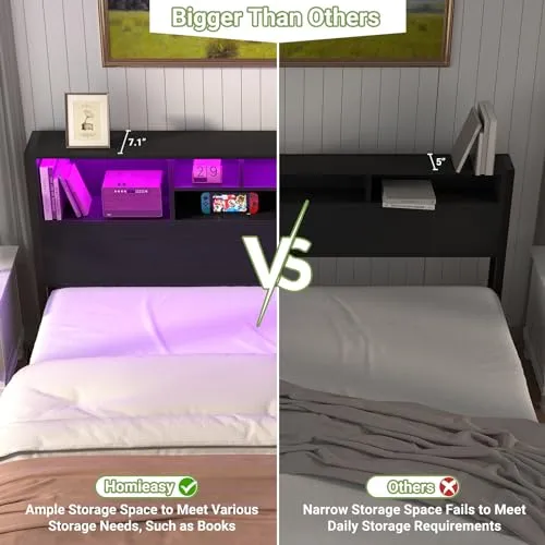 Homieasy Full Size Bed Frame with Bookcase Headboard, LED Lighting & Charging Station - Heavy Duty Metal Platform, No Box Spring Required