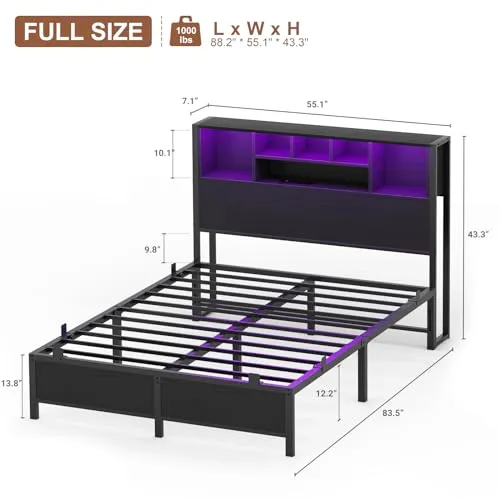Homieasy Full Size Bed Frame with Bookcase Headboard, LED Lighting & Charging Station - Heavy Duty Metal Platform, No Box Spring Required