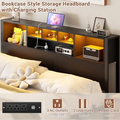 Homieasy Full Size Bed Frame with Bookcase Headboard, LED Lighting & Charging Station - Heavy Duty Metal Platform, No Box Spring Required