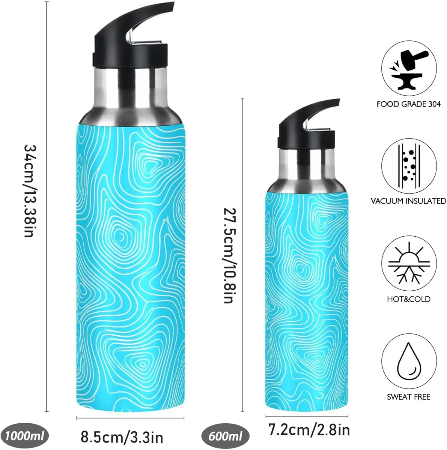 Insulated Bottle for Gym Fitness Outdoor Abstract Lines swift cafeteria Sports Water Bottle with Straw, 22oz BPA Free Stainless Steel Vacuum 