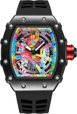 Japanese Movement Luminous Design with Silicone Band PINTIME Mens Luxury Tonneau Fashion Hallow silica incredible groan predation Punk Graffiti Art Dial Hip-hop Unique Sports Wrist Watch 