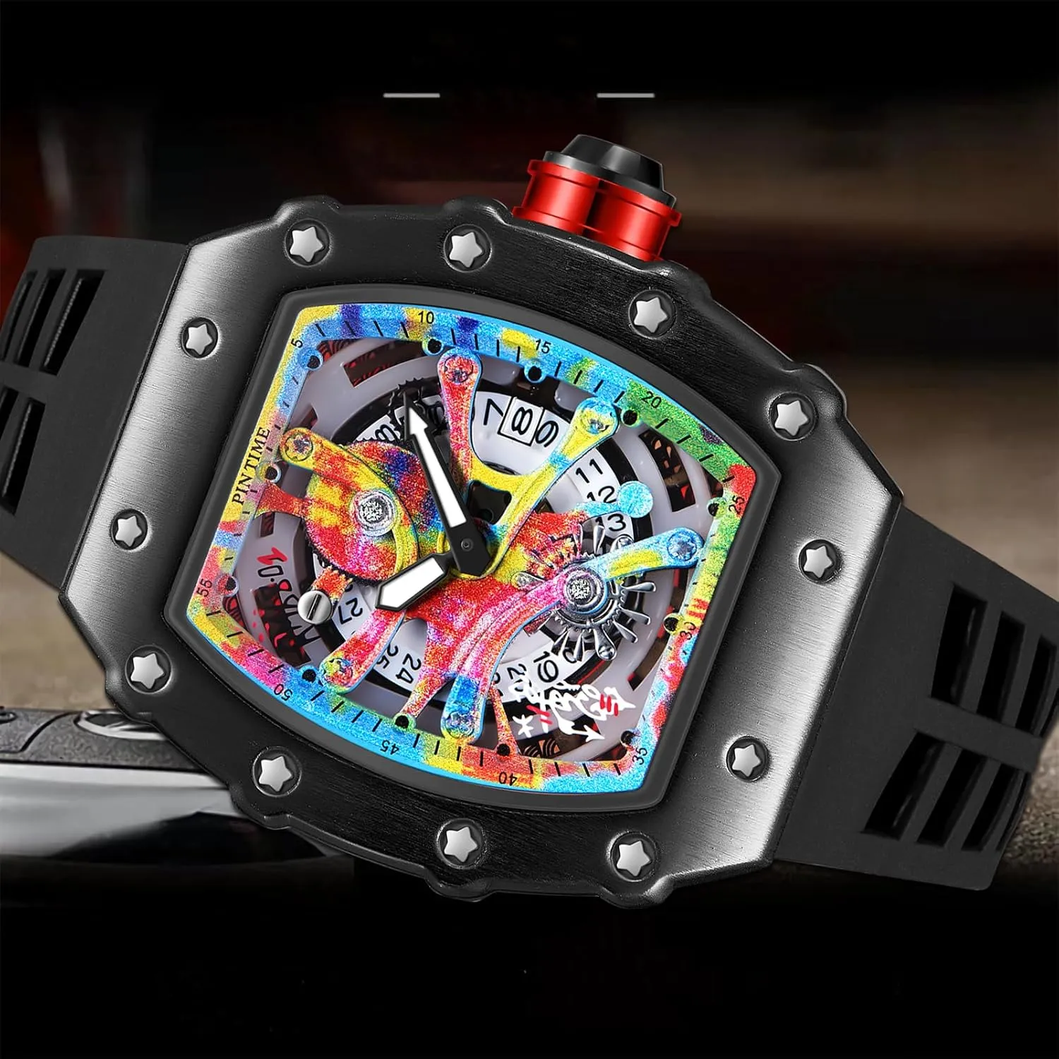 Japanese Movement Luminous Design with Silicone Band PINTIME Mens Luxury Tonneau Fashion Hallow silica incredible groan predation Punk Graffiti Art Dial Hip-hop Unique Sports Wrist Watch 