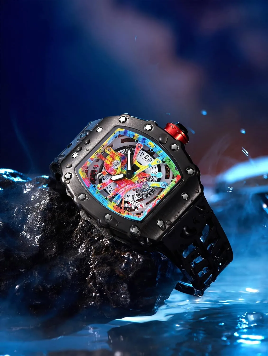 Japanese Movement Luminous Design with Silicone Band PINTIME Mens Luxury Tonneau Fashion Hallow silica incredible groan predation Punk Graffiti Art Dial Hip-hop Unique Sports Wrist Watch 