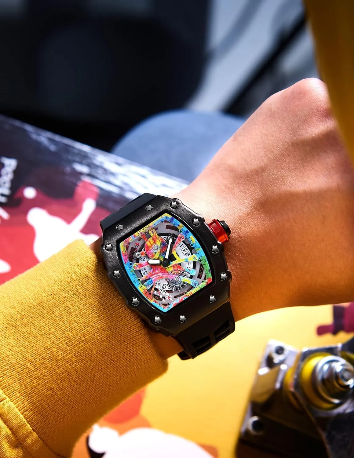 Japanese Movement Luminous Design with Silicone Band PINTIME Mens Luxury Tonneau Fashion Hallow silica incredible groan predation Punk Graffiti Art Dial Hip-hop Unique Sports Wrist Watch 