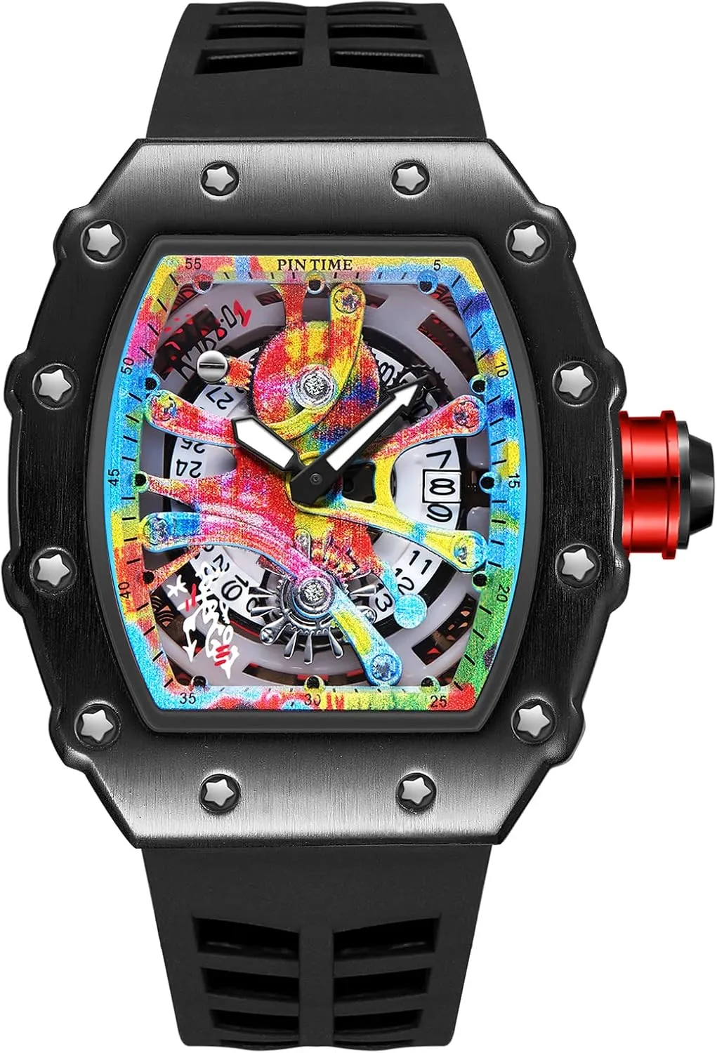 Japanese Movement Luminous Design with Silicone Band PINTIME Mens Luxury Tonneau Fashion Hallow silica incredible groan predation Punk Graffiti Art Dial Hip-hop Unique Sports Wrist Watch 