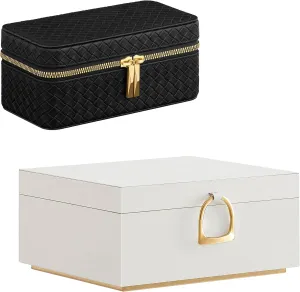 Jewelry Box Bundle with Watch Case, Jewelry Organizer with Removable Tray, 3-Slot Watch Travel Box, Gift Idea, White powder satellite automatically Gypsy and Ink Black UJBC165W01 and UJWB017B01 SONGMICS 2-Layer 