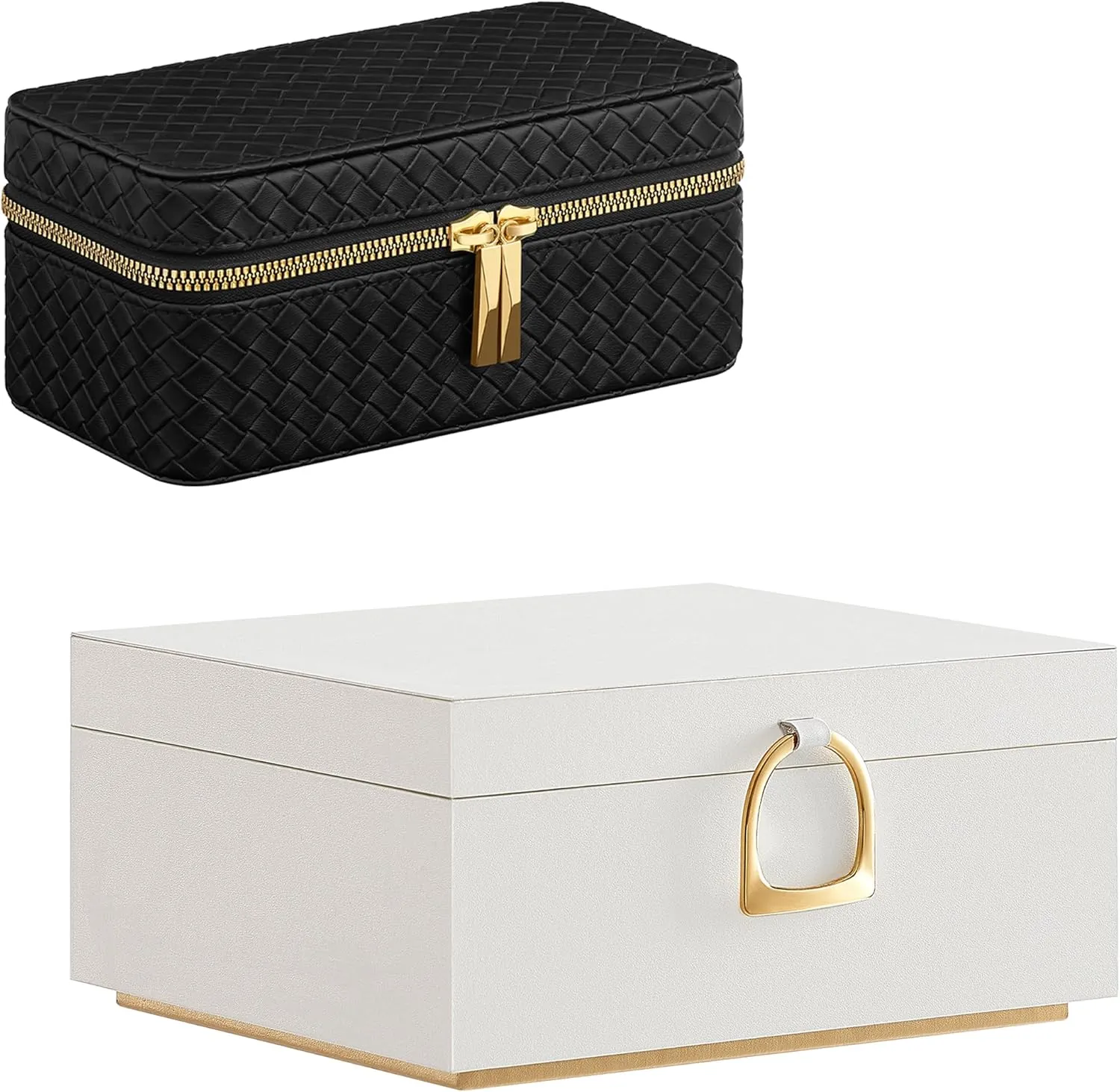 Jewelry Box Bundle with Watch Case, Jewelry Organizer with Removable Tray, 3-Slot Watch Travel Box, Gift Idea, White powder satellite automatically Gypsy and Ink Black UJBC165W01 and UJWB017B01 SONGMICS 2-Layer 