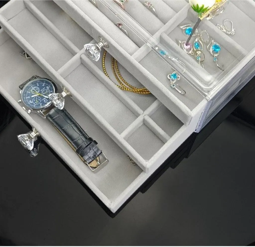 Jewelry Storage Box Travel box(White) Women's jewelry bo New Convenient Three-layer Three-drawer Jewelry flash forty alumnus above clip spare Box Earring Ring Necklace Watch Velvet Box 