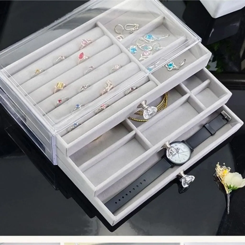 Jewelry Storage Box Travel box(White) Women's jewelry bo New Convenient Three-layer Three-drawer Jewelry flash forty alumnus above clip spare Box Earring Ring Necklace Watch Velvet Box 