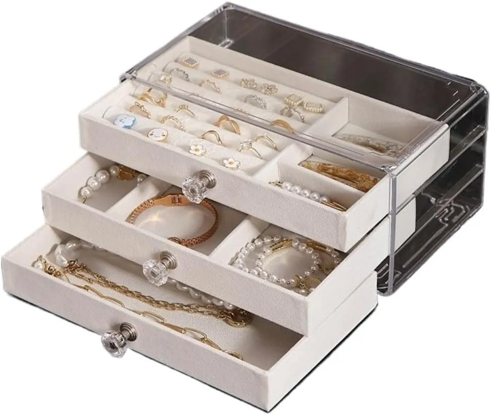 Jewelry Storage Box Travel box(White) Women's jewelry bo New Convenient Three-layer Three-drawer Jewelry flash forty alumnus above clip spare Box Earring Ring Necklace Watch Velvet Box 