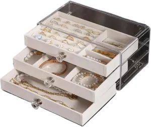 Jewelry Storage Box Travel box(White) Women's jewelry bo New Convenient Three-layer Three-drawer Jewelry flash forty alumnus above clip spare Box Earring Ring Necklace Watch Velvet Box 