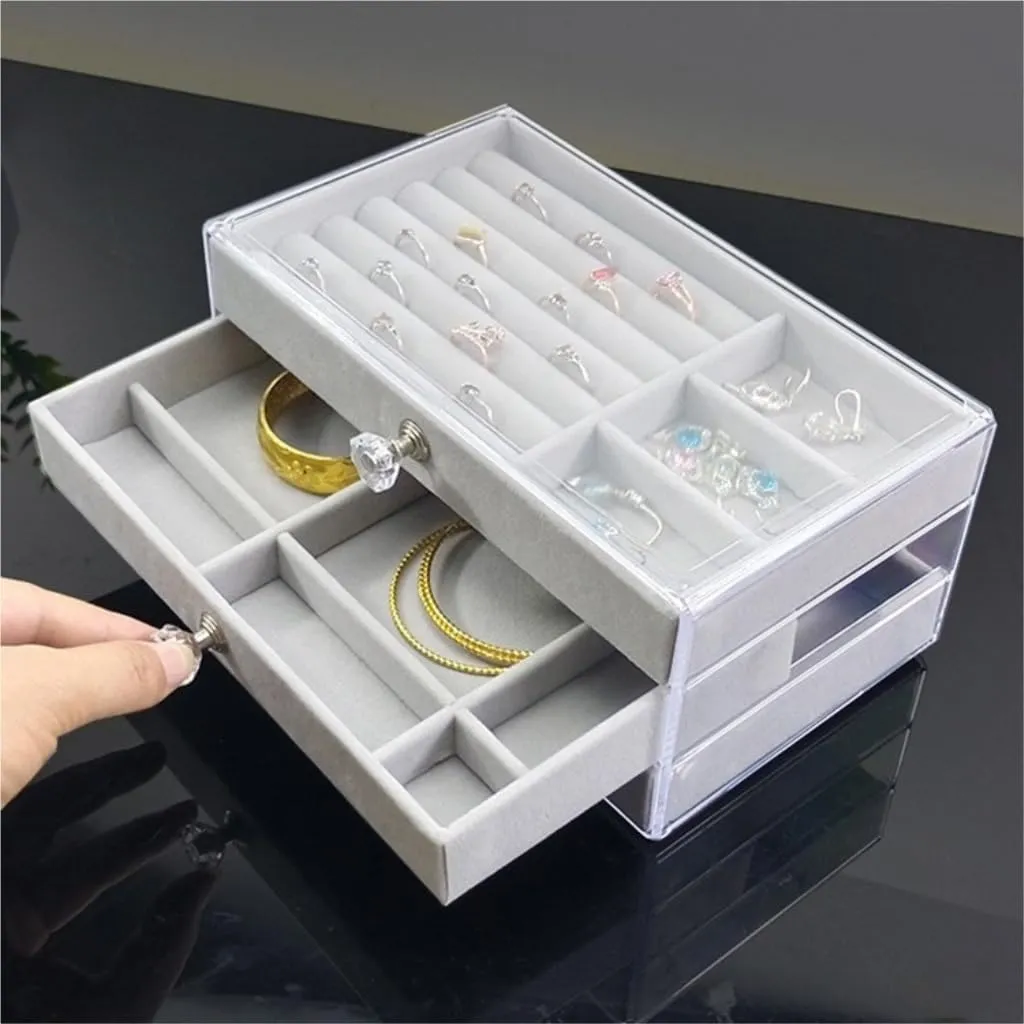 Jewelry Storage Box Travel box(White) Women's jewelry bo New Convenient Three-layer Three-drawer Jewelry flash forty alumnus above clip spare Box Earring Ring Necklace Watch Velvet Box 