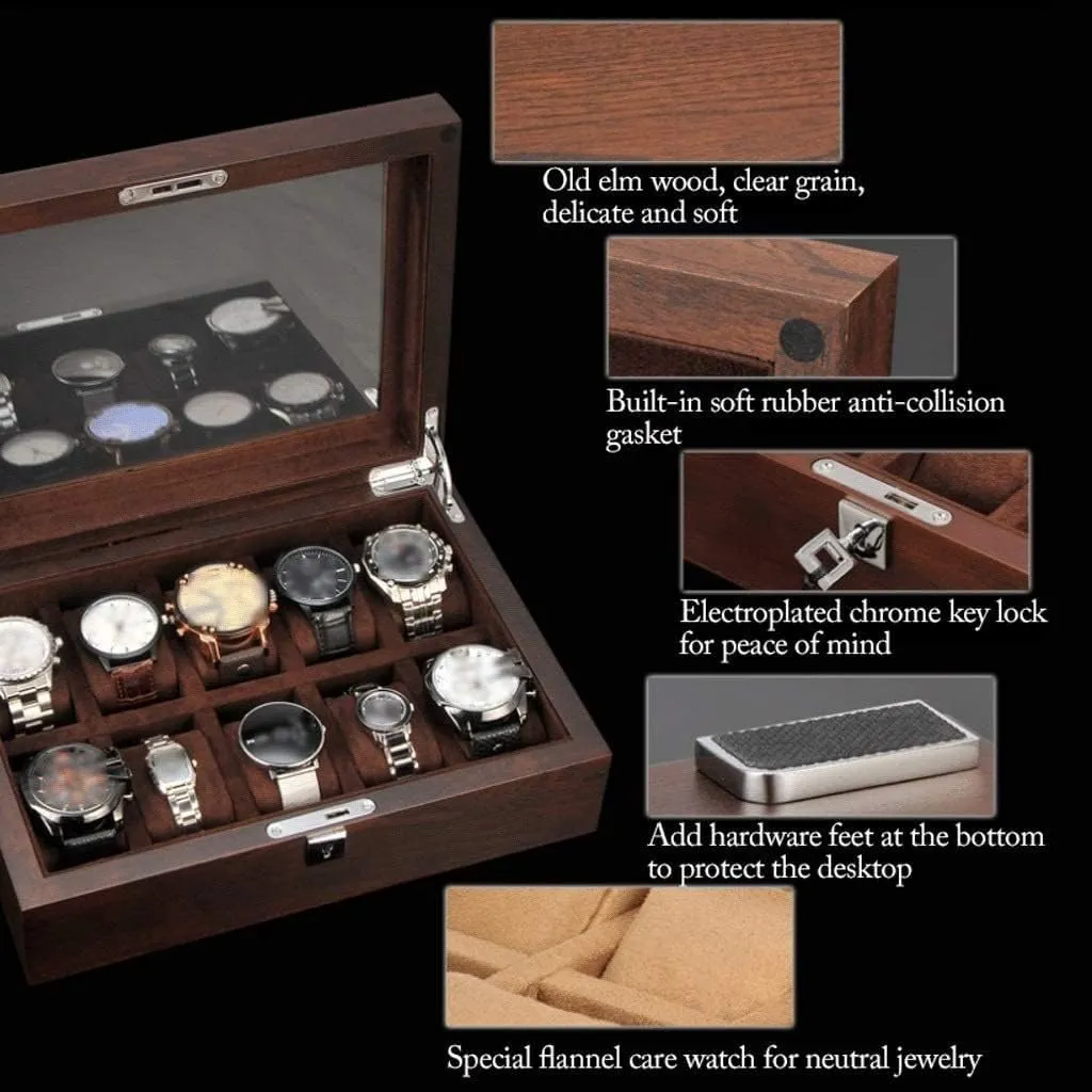Jewelry Storage Organizer Display Box stressful utilization army prepare Watch Box Watch Winder Watch Case Watch Roll Solid Wood Watch Box 10 Slot Wooden Jewelry Box with Key and Glass Top 