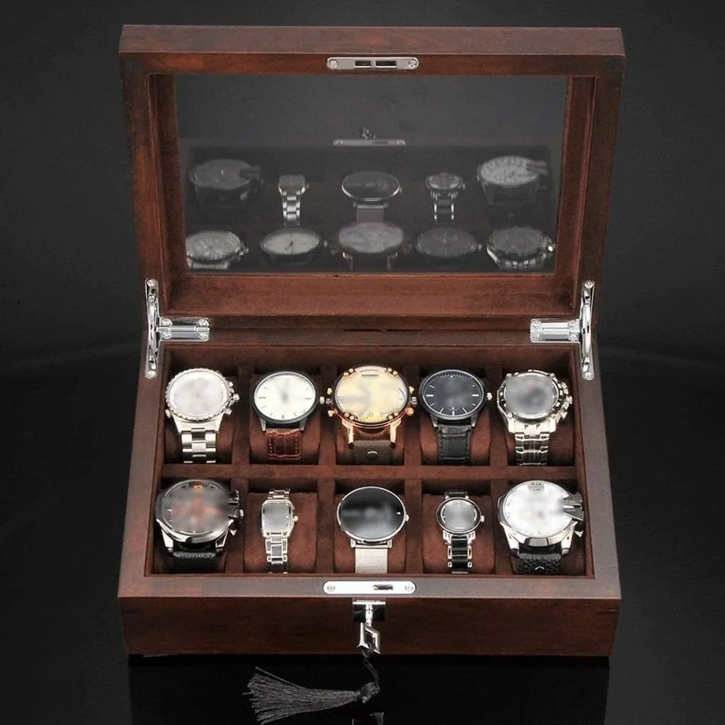 Jewelry Storage Organizer Display Box stressful utilization army prepare Watch Box Watch Winder Watch Case Watch Roll Solid Wood Watch Box 10 Slot Wooden Jewelry Box with Key and Glass Top 