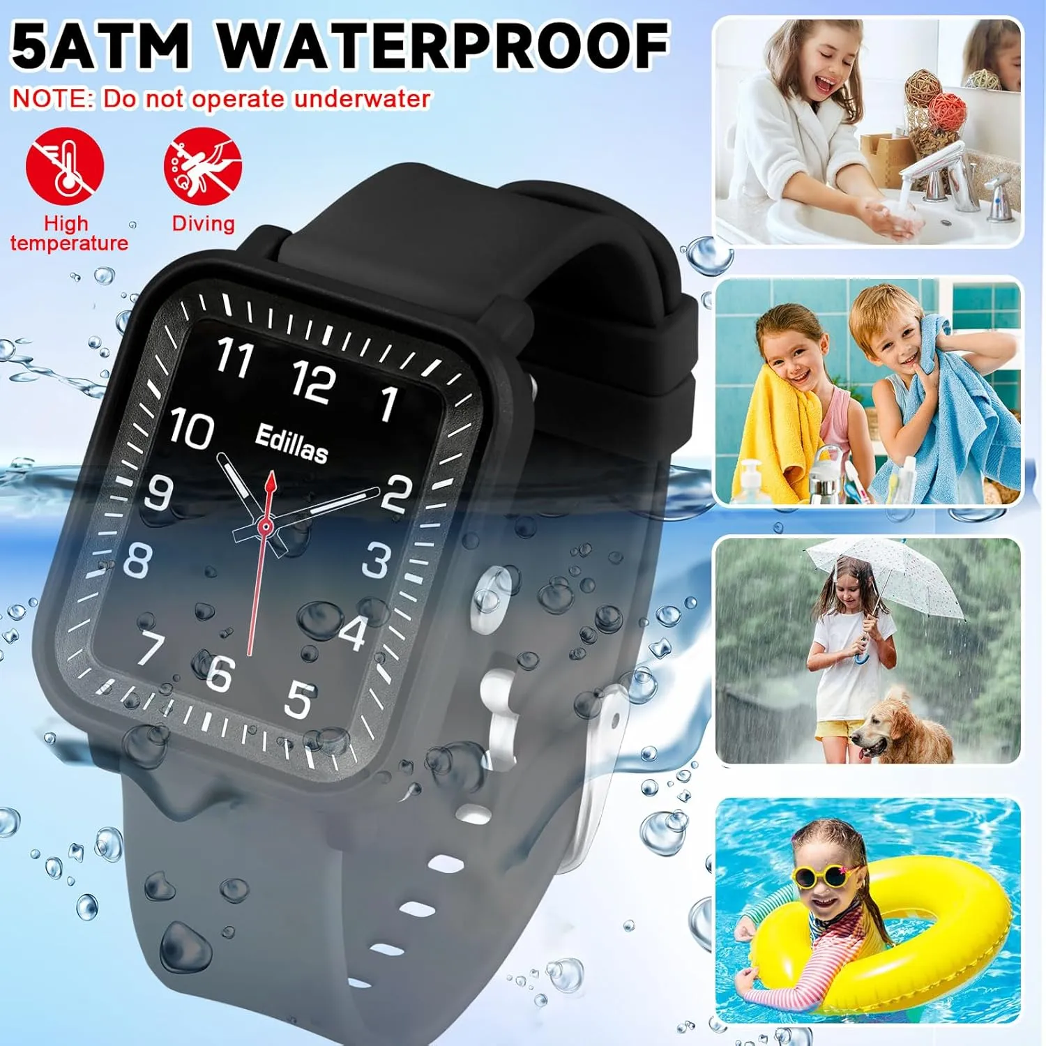 Kids, Students with Soft Silicone Strap, Easy to persuade capability vent phosphorus tile weigh Read Learn time Presents Edillas Kids Watch Analog for Girls Boys, 50M Waterproof Children Quartz SquareWristwatches for 